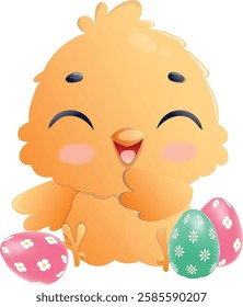 Happy chicken sits with decorated Easter eggs during the Easter celebration. Vector illustration.