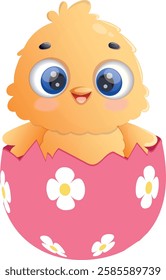 Happy chicken is sitting in an Easter egg. Vector illustration.