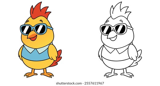 Happy Chicken Wearing Eyeglasses Cartoon Coloring Page For Kids. Animal Cartoon Coloring Book Printable
