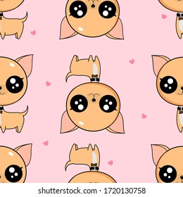 Happy Chihuahua seamless pattern - hand drawn illustrations. Vector of brown chihuahua dog cartoon character with pink background for fabric, Gift wrap, handkerchief design concept.