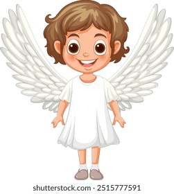 Criança feliz com asas de anjo e vestido branco