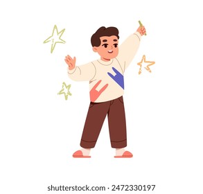 Happy child with arms up and doodles on the wall behind. Cute little boy holds chalk in hand. Creative kid drawing stars, sparks with crayon. Flat isolated vector illustration on white background
