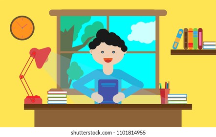Happy child behind books, preparing for school, doing homework