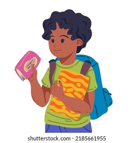 Happy child with books in his hands. Boys elementary pupils. Poster, stickers, printing on clothes. Flat vector illustration