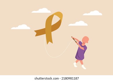 Happy Child Boy With Cancer Playing With Ribbon Kite. Childhood Cancer Awareness Month Concept. Flat Vector Illustration Isolated.