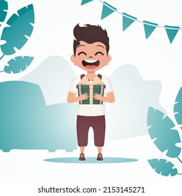 Happy child boy in full growth, holding a box with a bow in his hands. Birthday, new year or holidays theme. Cartoon style. Vector illustration.