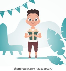 Happy child boy in full growth, holding a box with a bow in his hands. Birthday, new year or holidays theme. Vector illustration in cartoon style.