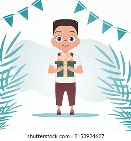 Happy child boy in full growth, holding a gift with a bow in his hands. Holidays theme. Cartoon style. Vector illustration.