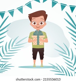 Happy child boy in full growth, holding a gift box with a bow in his hands. Birthday, new year or holidays theme. Cartoon style. Vector illustration.