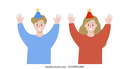 Happy child boy and girl celebrating birthday. Holiday celebration, event, party, surprise concept. Flat people character vector design isolated illustration.