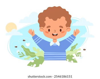 Niño feliz con la Naturaleza, las nubes y el eco. Impacto positivo del medio ambiente y la salud mental de los niños. Ilustración vectorial en estilo plano