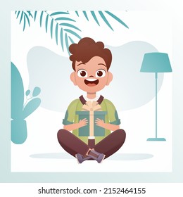 Happy child boy sits in a lotus position and holds a gift with a bow in his hands. Birthday, new year or holidays theme. Vector illustration in cartoon style.