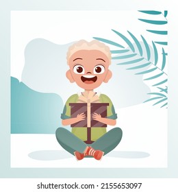 A happy child boy sits in a lotus position and holds a box with a bow in his hands. Holidays theme. Cartoon style. Vector illustration.