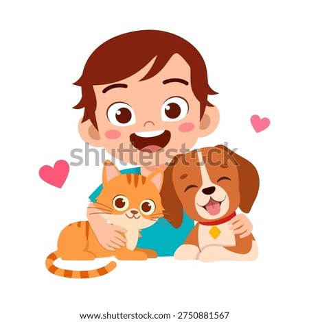Happy child boy smiling embracing his beloved cat and dog with joyful expression in a cute cartoon illustration