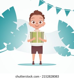 Happy child boy stands and holds a gift box with a bow in his hands. Birthday, new year or holidays theme. Vector illustration in cartoon style.