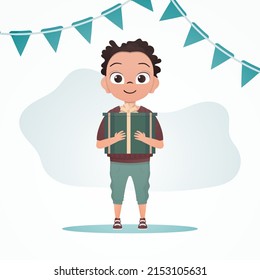 Happy child boy stands and holds a gift with a bow in his hands. Holidays theme. Cartoon style. Vector illustration.