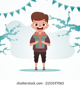 Happy child boy stands and holds a box with a bow in his hands. Birthday, new year or holidays theme. Cartoon style. Vector illustration.