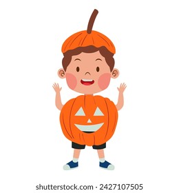 happy child boy wear orange pumpkin jack o lantern costume for halloween party illustration