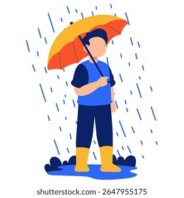 A happy child in bright rainwear stands under a vibrant umbrella while enjoying the gentle rainfall with a smile
