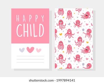Happy Child Card with Cute Pink Octopus Pattern, Front and Back Side of Invitation, Greeting Card Design Vector Illustration