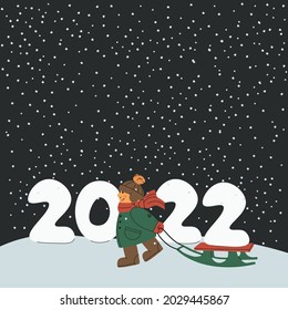 Happy child carries year 2022 on sled. Little boy in winter clothes, hat and scarf. Kid on winter landscape with snow. Cartoon vector illustration for design whith copy space.