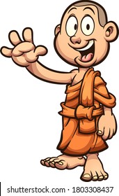 Happy child cartoon Buddhist monk waving. Vector clip art illustration. All on a single layer.
