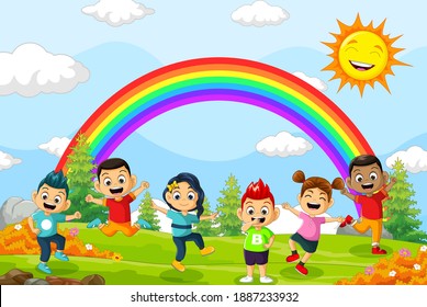 happy child cartoons playing with nature and rainbow background