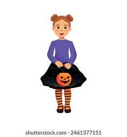 Happy child celebrating Halloween. Little girl in a witch costume congratulates
Happy holiday. Illustration on an isolated background. EPS10