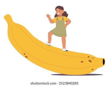 Personagem Criança feliz de pé em uma banana gigante, simbolizando imaginação, alimentação saudável e diversão. A cena lúdica do vetor de desenhos animados captura alegria e criatividade. Conceito de Infância e Aventura da Criança