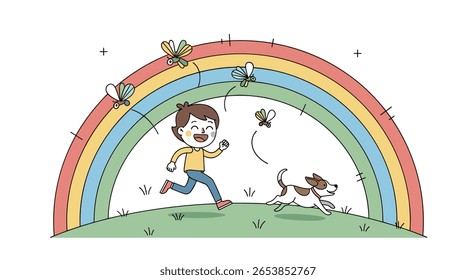 Uma criança feliz persegue um cachorro brincalhão sob um arco-íris vibrante com borboletas flutuando ao redor deles em um campo gramado em um dia brilhante e ensolarado