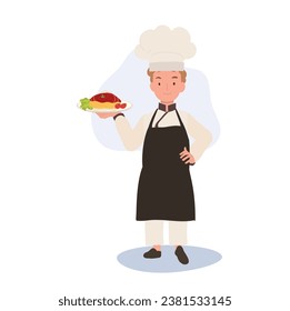 Happy Child Chef Serving Pasta. Young Cook in Chef Hat Prepares Delicious Spaghetti