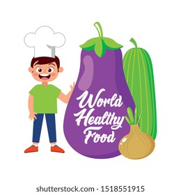 happy child chef smiling with hat and vegetables cartoon. vector illustration