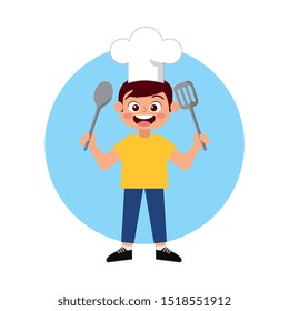 happy child chef smiling with kitchen tools and cartoon. vector illustration