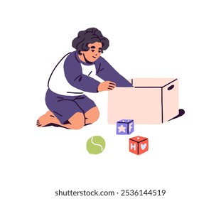 Happy child collects toys from floor after play games. Kid puts ball, childish cubes into box. Little boy cleans nursery room, does housework. Flat isolated vector illustration on white background