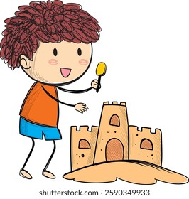 Happy child creating a sandcastle with joy