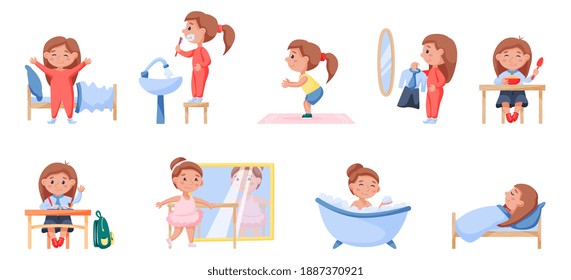 Happy Child Daily Routine Health And Hygiene Activity Set. Cute Girl Wake Up, Brush Teeth, Does Morning Exercise, Dress, Eat, Study, Dance, Take Bath, Sleep In Bed Vector Illustration Isolated On White