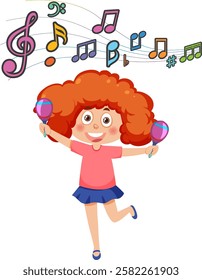 Happy child dancing with colorful musical notes