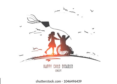 Happy Child Disabled Concept. Hand Drawn Little Girl Pushing Boy In Wheel Chair. Disabled Has Fun Outside Isolated Vector Illustration.