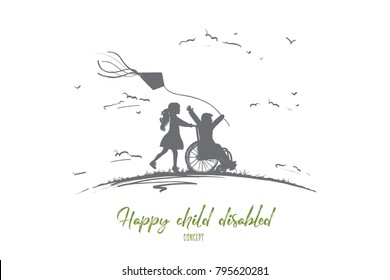 Happy child disabled concept. Hand drawn little girl pushing boy in wheel chair. Disabled has fun outside isolated vector illustration.