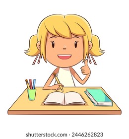 Happy child doing homework, studying, cute, girl