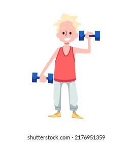 Happy child doing physical exercise with dumbbell. Active healthy childhood and physical education, flat vector cartoon illustration isolated on white background.