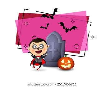 Glückliches Kind im Dracula Kostüm. Kürbislaterne, Grabstein, fliegende Fledermäuse auf Hintergrund. Einladung oder Banner-Design. Halloween-Konzept. Vektorgrafik für Poster oder Faltblatt