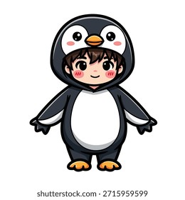 Uma criança feliz vestida como um pinguim, com um terno preto e branco e um capuz com um rosto de pinguim.