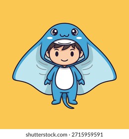 A happy child dressed as a stingray, with large wings and a friendly face, on a yellow background