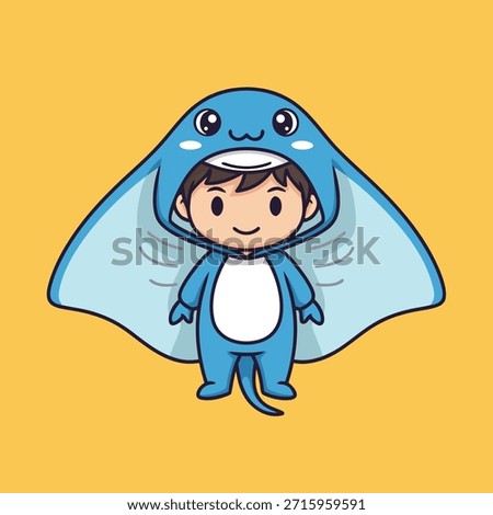 A happy child dressed as a stingray, with large wings and a friendly face, on a yellow background
