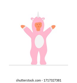 Happy child dressed in unicorn pajama. Cartoon vector illustration on isolated background