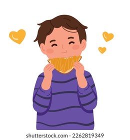 Un niño feliz comiendo tajadas de mantequilla de maní. Niño disfrutando de un bocadillo favorito. Amantes de la mantequilla de cacahuete. Ilustración vectorial plana aislada en fondo blanco