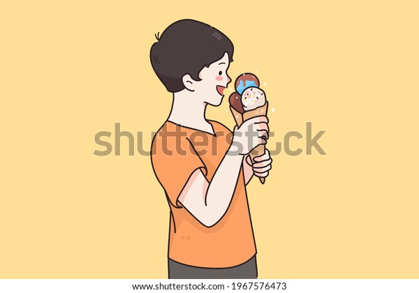 Happy child eating sweets concept.\
Smiling positive kid boy cartoon character standing and eating\
sweet dessert ice cream lollipop vector illustration\
