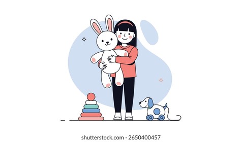 A happy child embraces her beloved stuffed bunny surrounded by playful toys a joyful childhood scene