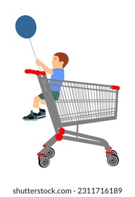 Happy child in empty shopping cart playing in supermarket vector illustration isolated. Boy fun play with balloon in mall. Kid entertainment enjoy in market during supply action. Laughing kidding son.